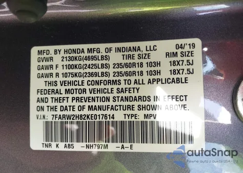 2019 Honda Cr-V Ex-L from USA, damaged, VIN 7FARW2H82KE017614